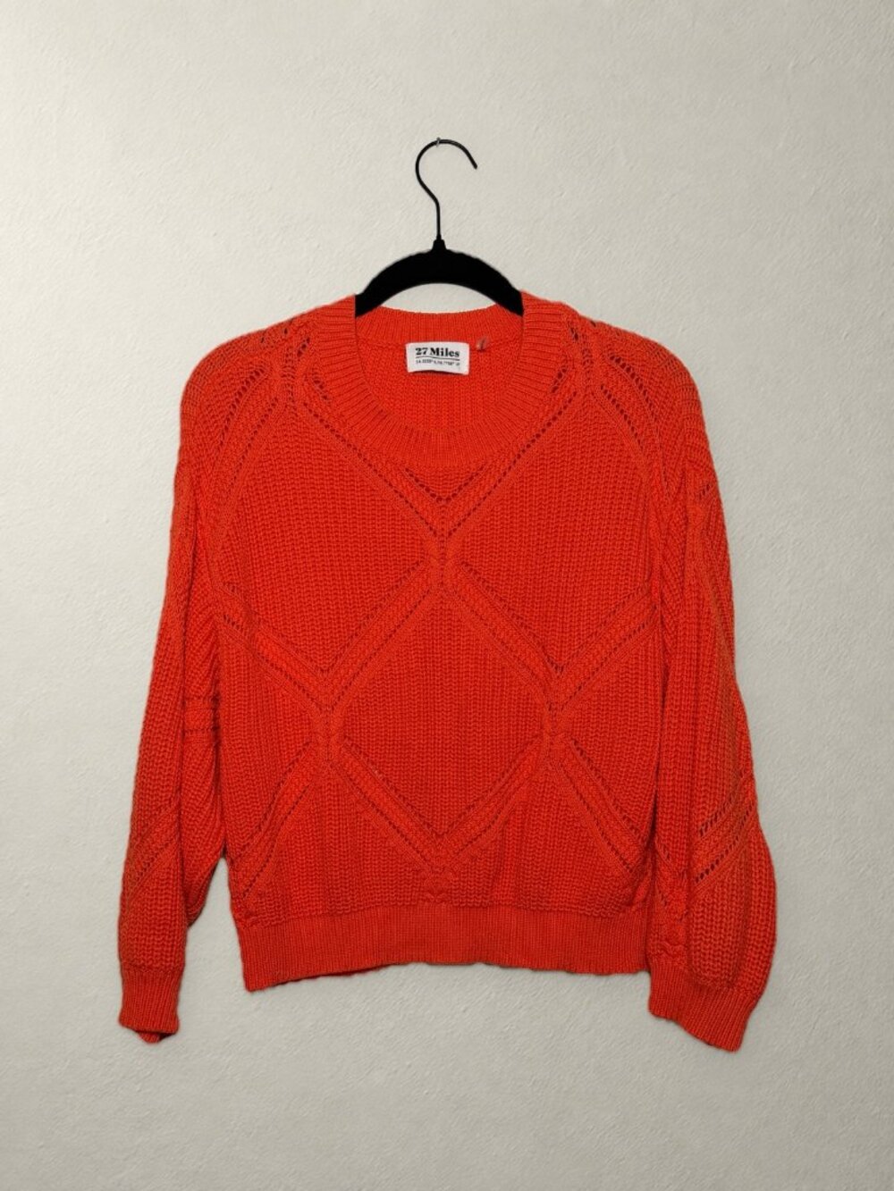 27 Miles Malibu Orange Cotton Cable Knit Pointelle Crewneck Sweater Size S